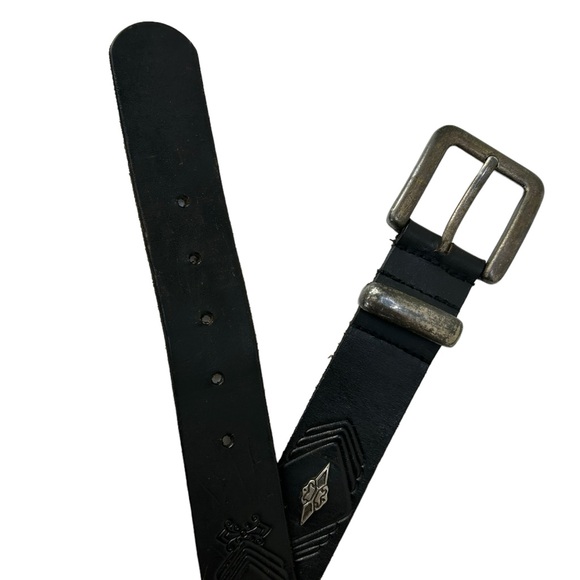 Vintage Mens Aztec Hardware Tooled Black Leather Belt - Picture 2 of 6